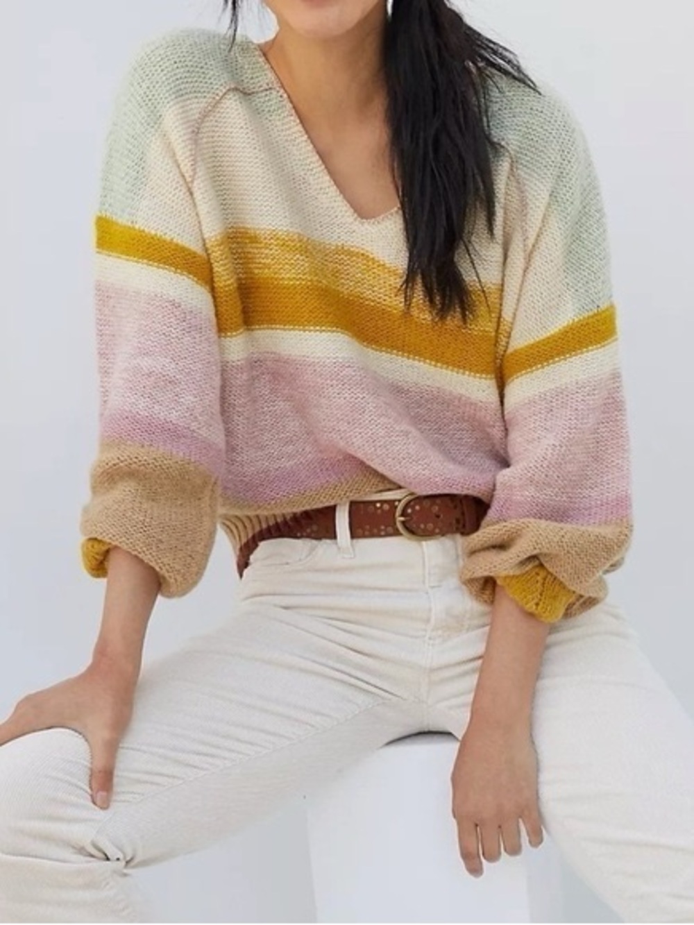 Anthropologie Theia V-Neck Striped Multicolor Women's Sweater Medium